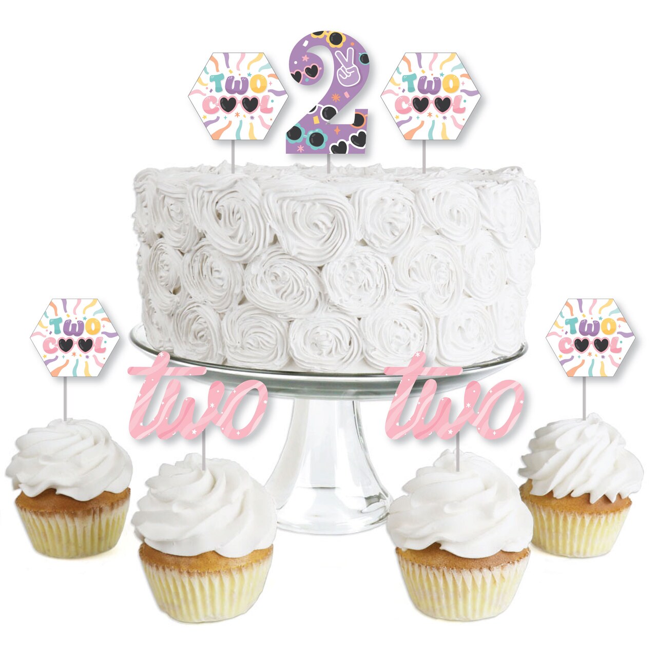 Big Dot of Happiness Two Cool - Girl - Dessert Cupcake Toppers - Pastel 2nd Birthday Party Clear Treat Picks - Set of 24